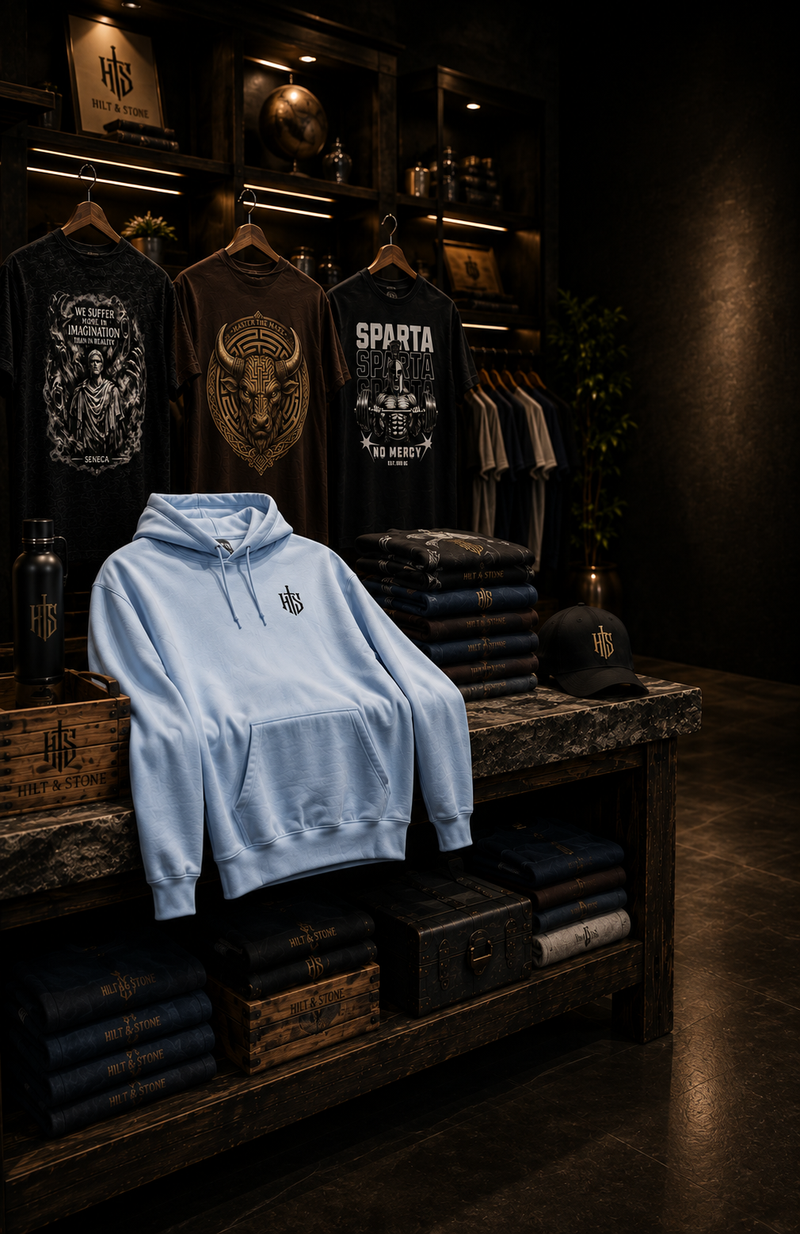 A light blue pullover hoodie with a small chest logo is displayed on a rustic wooden counter in a dark, moody retail setting. Behind it, black graphic t-shirts hang on hangers, and stacks of folded navy and black clothing are arranged on shelves.