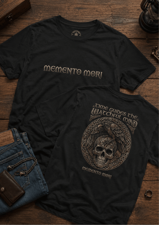 Memento Mori signature t-shirt flat lay product photo