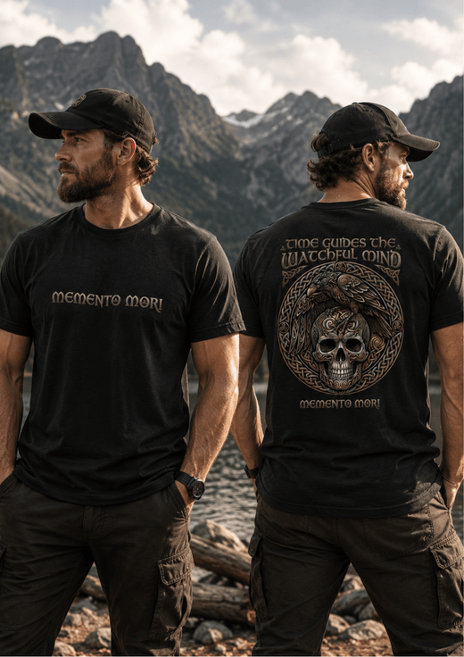 Memento Mori signature shirt lifestyle photo outdoor setting