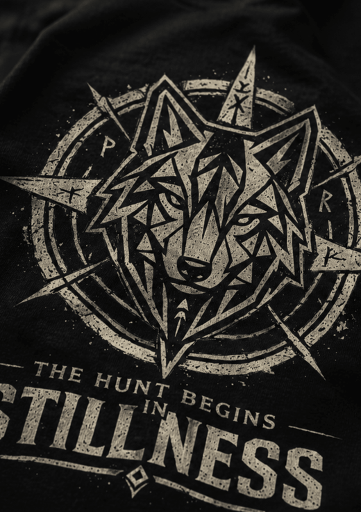 Stillness Wolf T-Shirt — 'The Hunt Begins' Graphic Tee - Hilt and Stone