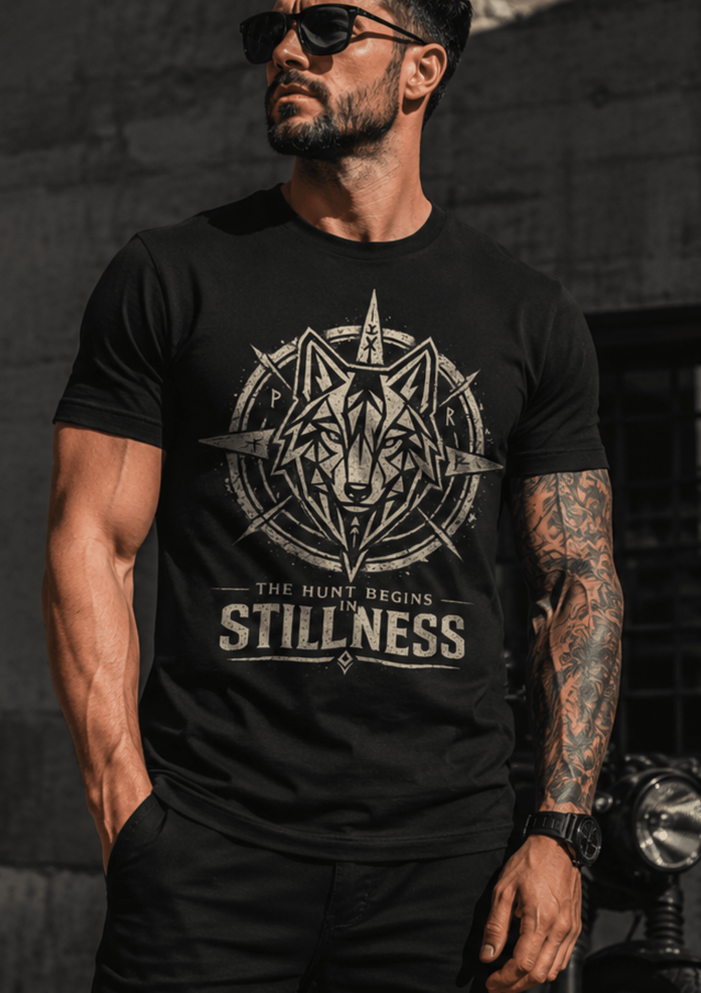 Stillness Wolf T-Shirt — 'The Hunt Begins' Graphic Tee - Hilt and Stone