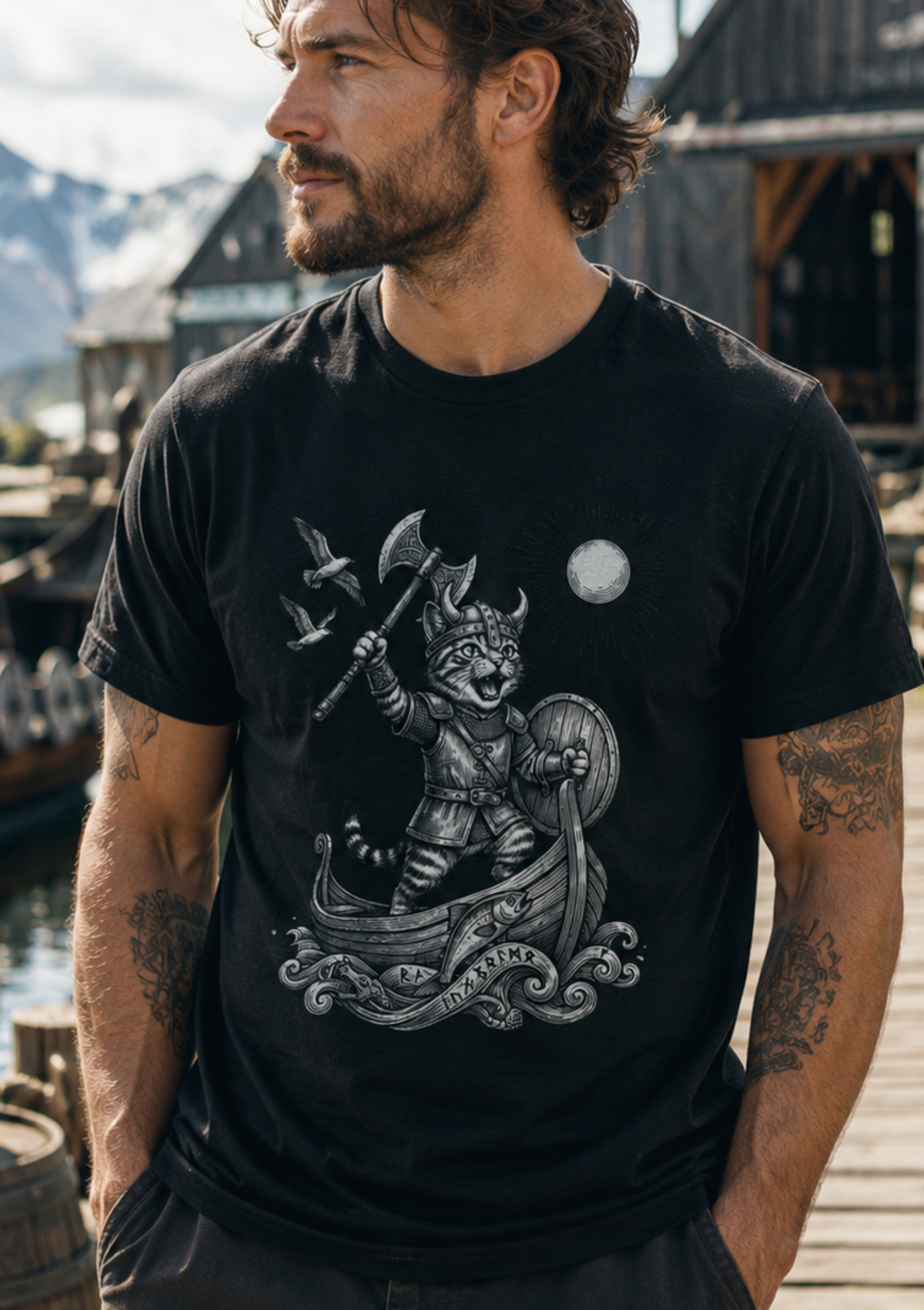 Viking Warrior Cat Graphic T-Shirt – Norse Adventure Statement Shirt - Hilt and Stone