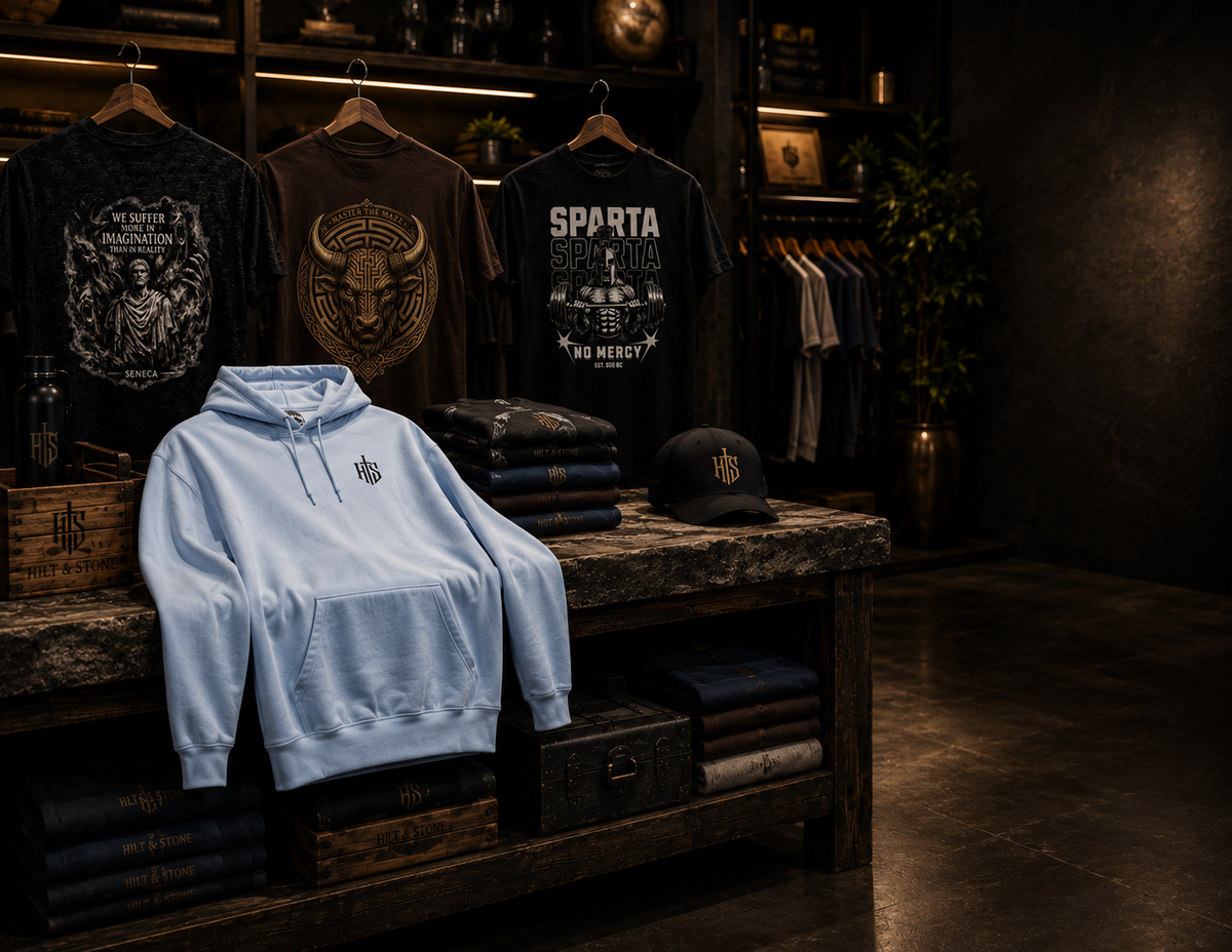 A light blue pullover hoodie with a small embroidered crest logo is displayed on a rustic wooden counter in a dimly lit retail store. Behind it, black and brown graphic t-shirts hang on hangers, and a matching black baseball cap rests on the counter.