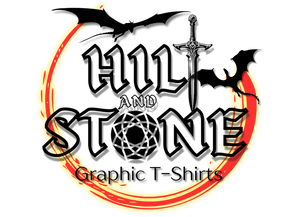 Hill and Stone graphic t-shirts logo with bats and a sword on a white background