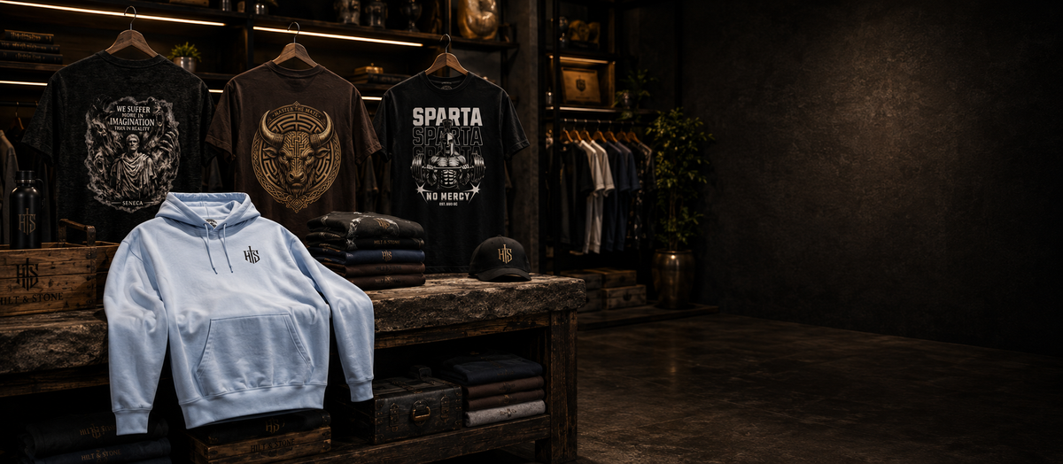 A light blue pullover hoodie with a small embroidered chest logo is displayed on a rustic wooden counter in a dark, moody retail store. Behind it, black graphic t-shirts hang on racks, including one with a bull graphic and another with 'SPARTA' text.