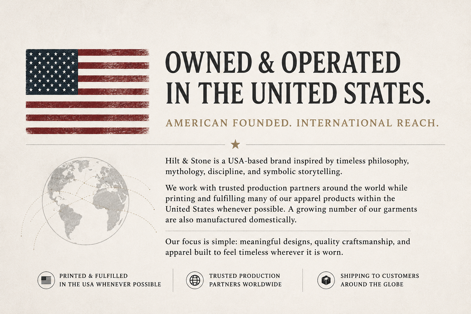 Hilt and Stone is owned and operated in the United States. We work with domestic and international partners.