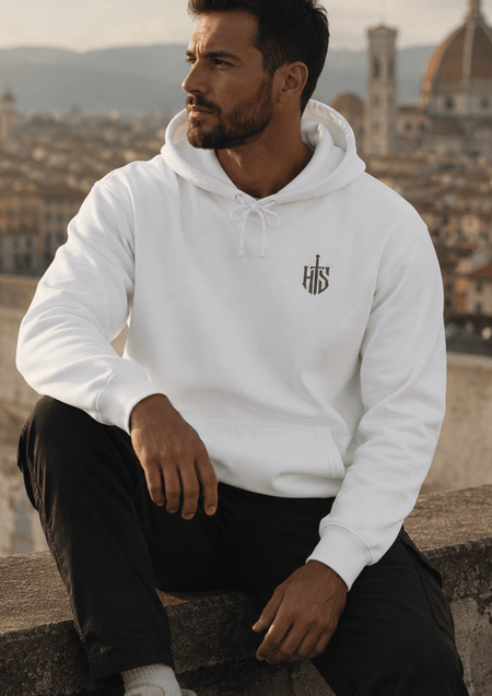 White Hilt and Stone core hoodie featuring minimal shield emblem