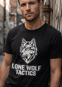 Load image into Gallery viewer, Lone Wolf Tactics Tee — Geometric Wolf Logo Graphic T-Shirt - Hilt and Stone