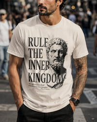 Load image into Gallery viewer, Rule the Inner Kingdom Graphic Tee — Stoic Bust Vintage Typography T‑Shirt - Hilt and Stone