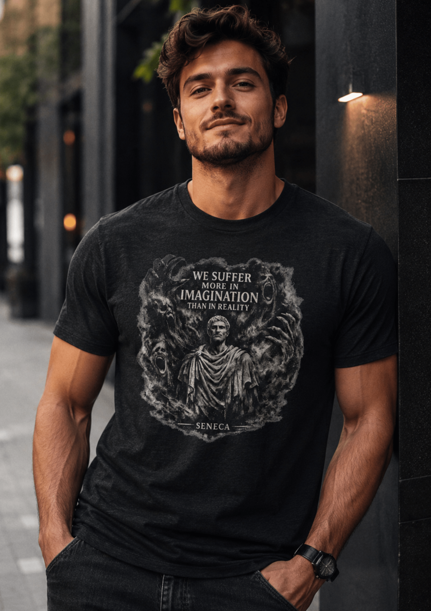 Seneca Shadow Theater T-Shirt – Stoic Philosophy Graphic Tee - Hilt and Stone