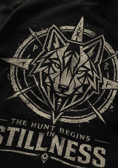 Stillness Wolf T-Shirt — 'The Hunt Begins' Graphic Tee - Hilt and Stone