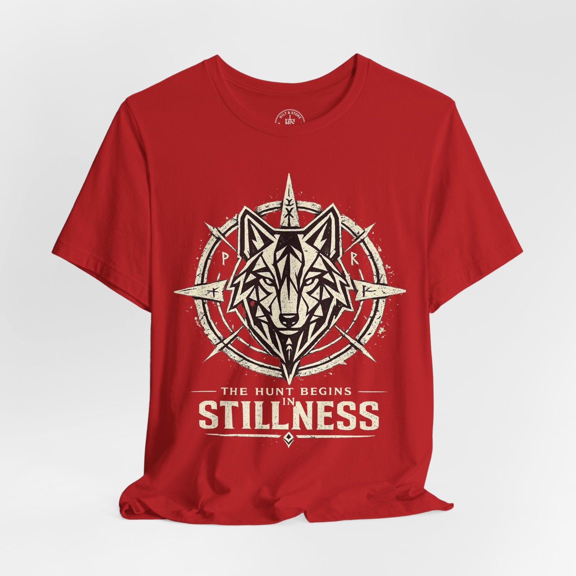 Stillness Wolf T-Shirt — 'The Hunt Begins' Graphic Tee - Hilt and Stone