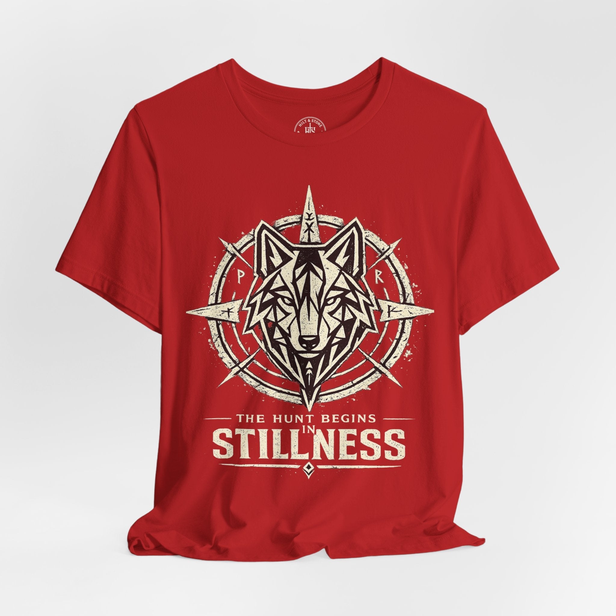 Stillness Wolf T-Shirt — 'The Hunt Begins' Graphic Tee - Hilt and Stone