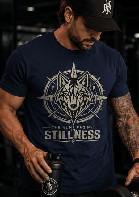 Stillness Wolf T-Shirt — 'The Hunt Begins' Graphic Tee - Hilt and Stone