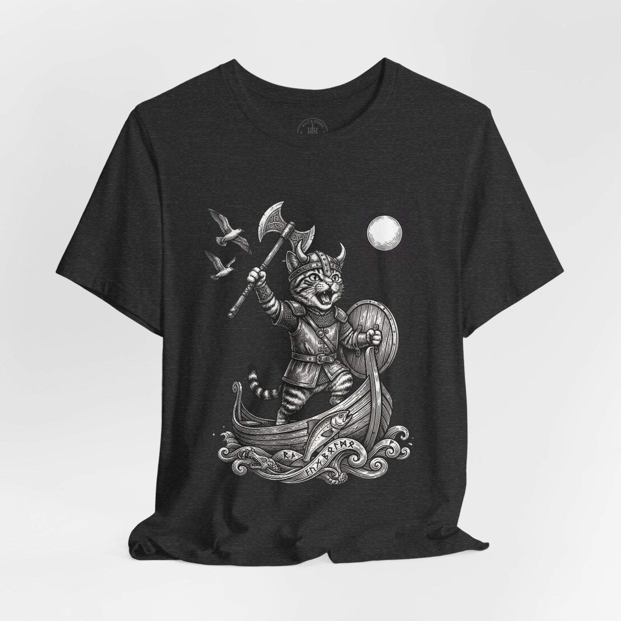 Viking Warrior Cat Graphic T-Shirt – Norse Adventure Statement Shirt - Hilt and Stone