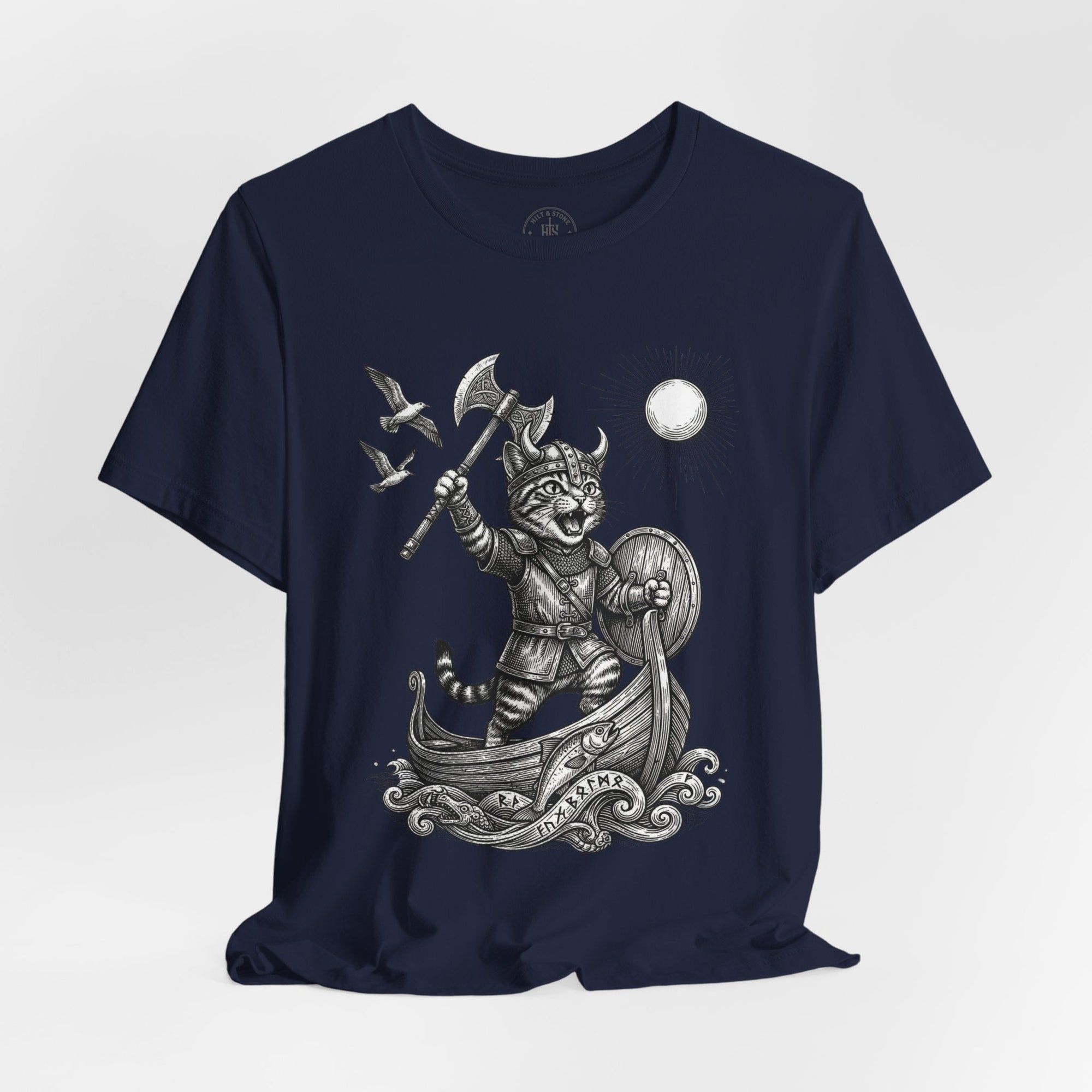 Viking Warrior Cat Graphic T-Shirt – Norse Adventure Statement Shirt - Hilt and Stone