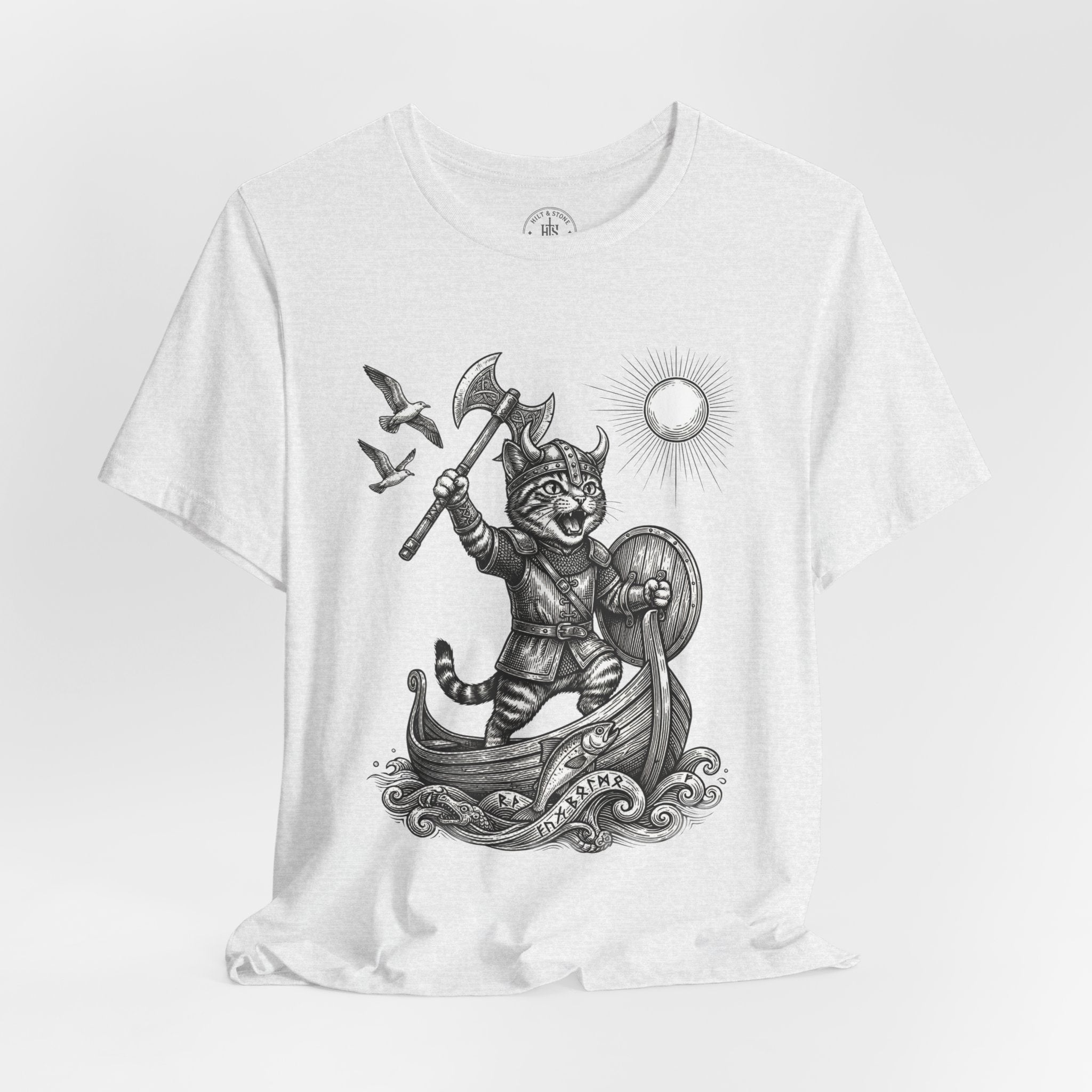 Viking Warrior Cat Graphic T-Shirt – Norse Adventure Statement Shirt - Hilt and Stone