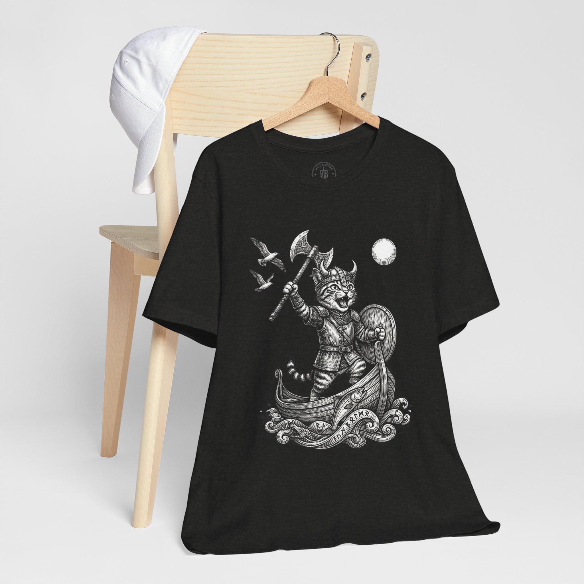 Viking Warrior Cat Graphic T-Shirt – Norse Adventure Statement Shirt - Hilt and Stone
