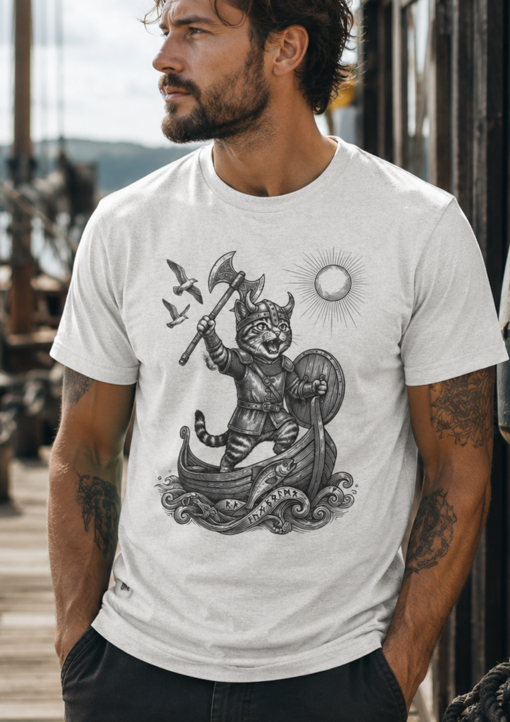 Viking Warrior Cat Graphic T-Shirt – Norse Adventure Statement Shirt - Hilt and Stone