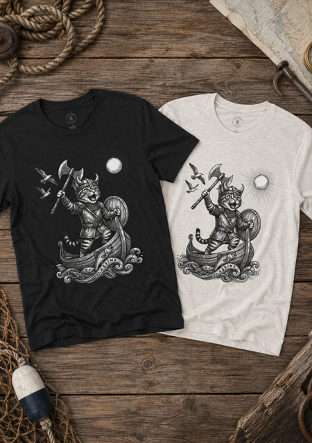 Viking Warrior Cat Graphic T-Shirt – Norse Adventure Statement Shirt - Hilt and Stone