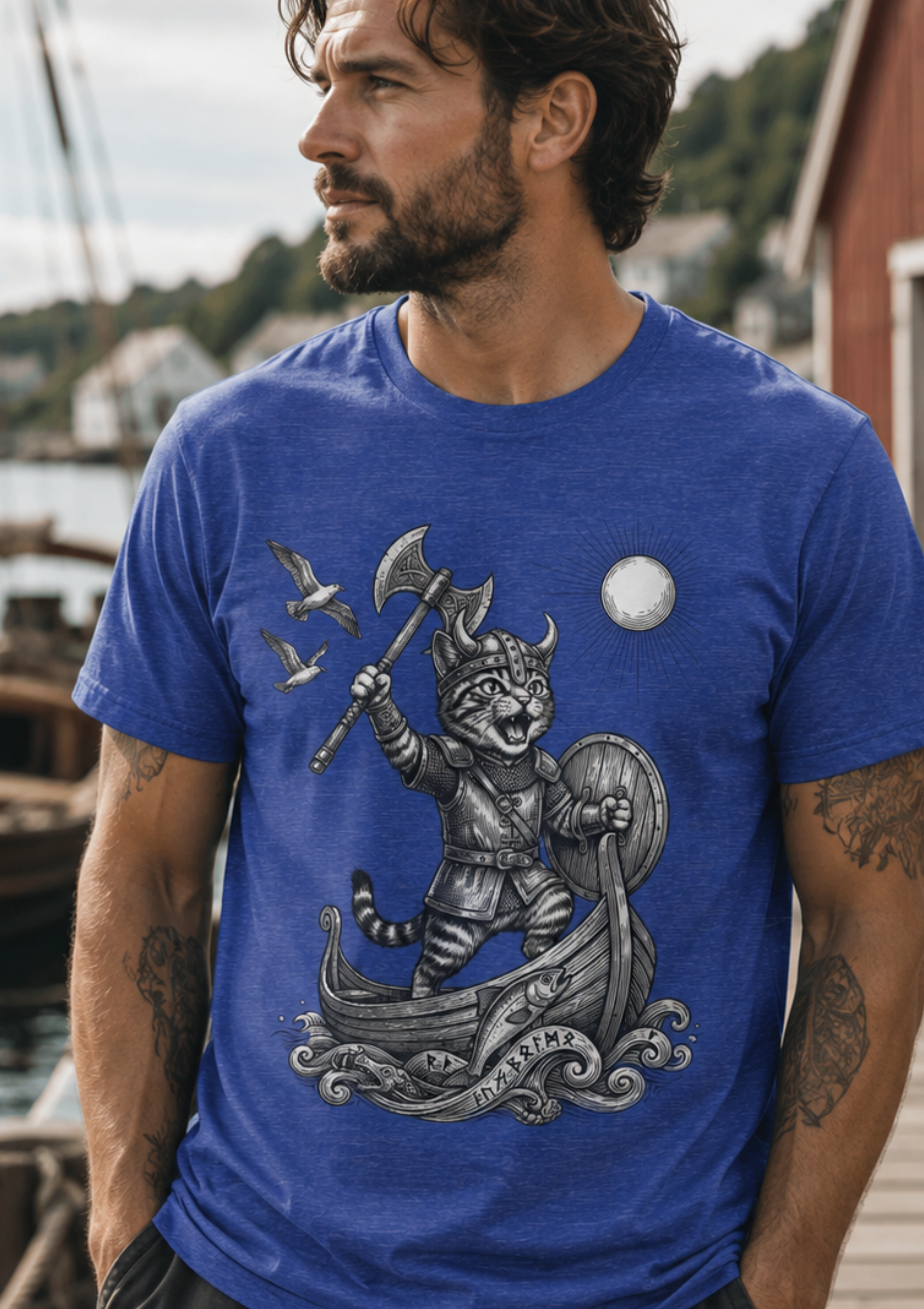 Viking Warrior Cat Graphic T-Shirt – Norse Adventure Statement Shirt - Hilt and Stone
